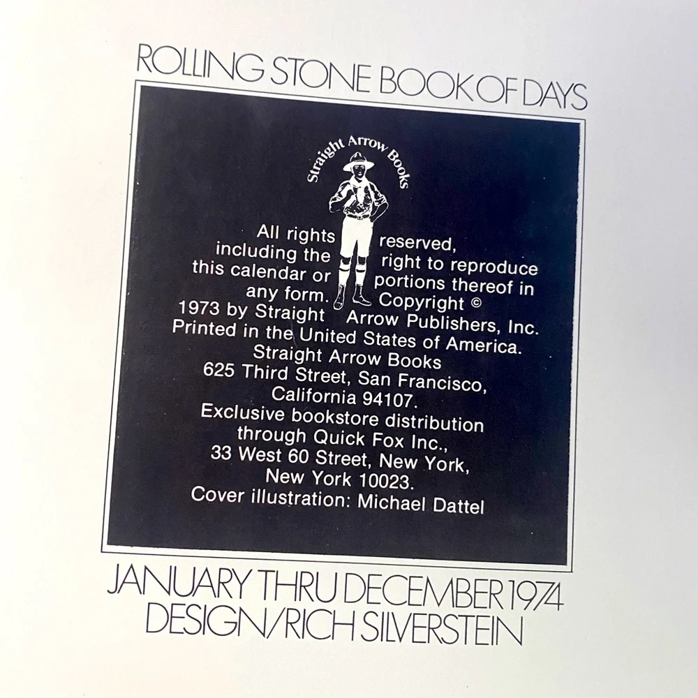 Vintage Rolling Stone Book of Days 1974 Calendar Book Unused, 8.5”x8.5”